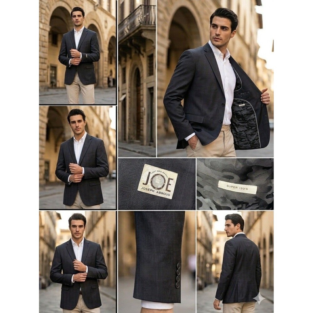 JOE Joseph Abboud Blazer Jacket 48R Slim Fit Charcoal Gray Super 120s Wool Plaid